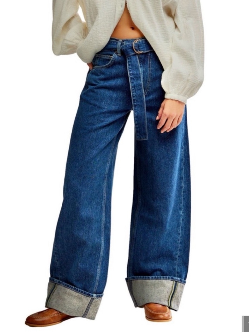We The Free Wide-Leg Belted Cuffed Jeans - Dark Blue size 24